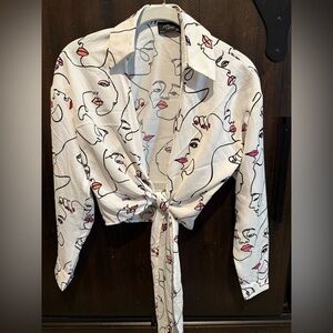 Milk and Honey Abstract Face Print Tie-Front Shirt